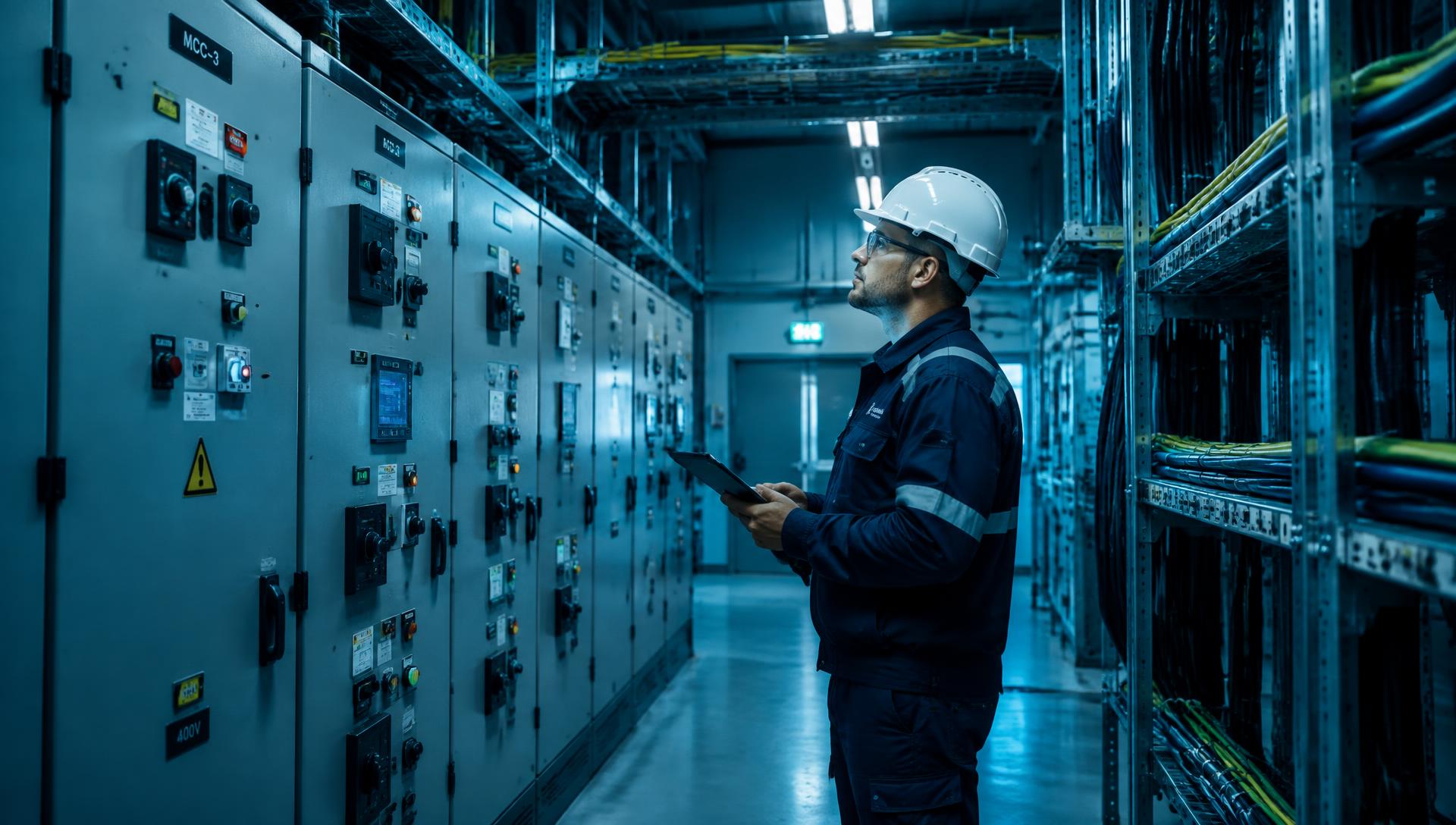Técnico inspecionando painéis elétricos industriais