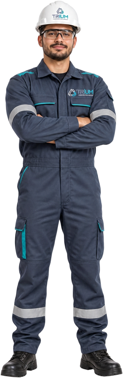 Profissional da Trium de uniforme e capacete com a marca da empresa